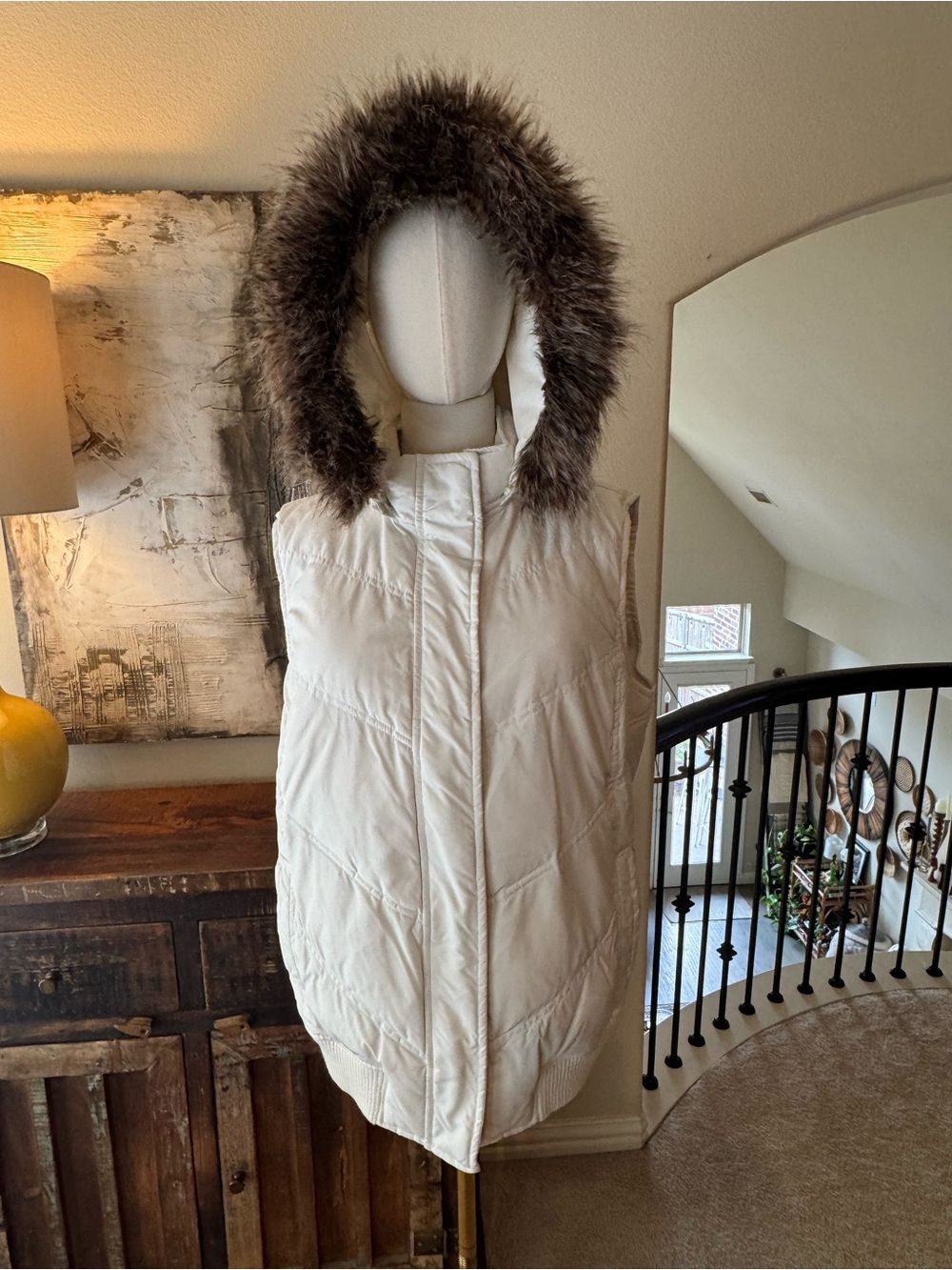 GAP Maternity Cream Hooded Puffer Vest with Faux Fur Trim